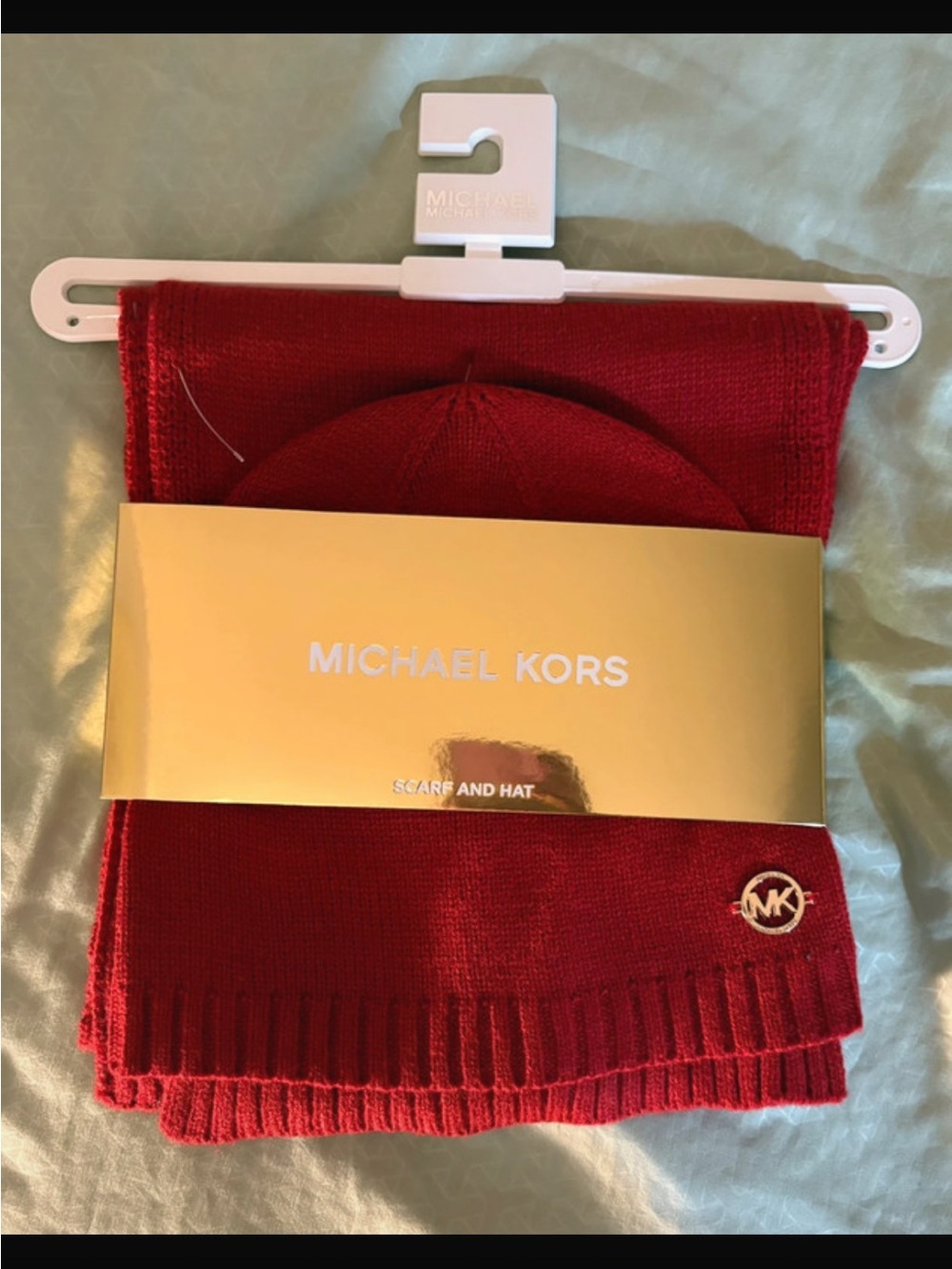 Michael Kors women Red Knit Hat and Scarf Set with MK Logo